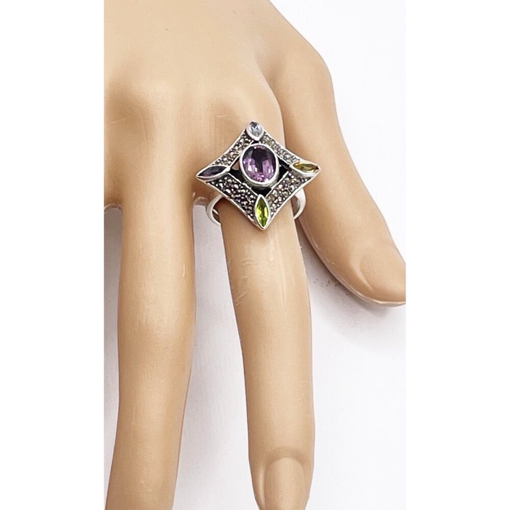 Vintage 925 Sterling Silver Art Deco Revival Multi Gemstone Cocktail Ring SZ 8.5